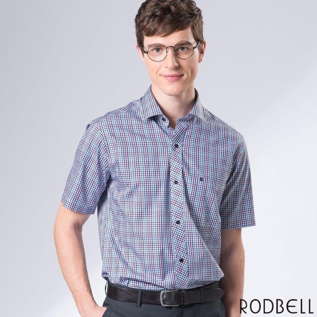 【RODBELL 羅德貝爾】紫藍格紋純棉短袖修身襯衫(舒適透氣、棉、修身襯衫)