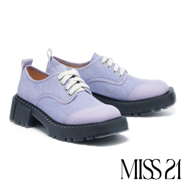【MISS 21】霸氣酷跩異材質拼接綁帶厚底鞋(紫)