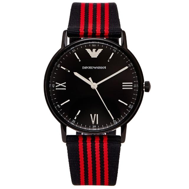 【EMPORIO ARMANI】簡約時尚帆布帶款手錶 -黑面x黑紅色/40mm(AR11015)