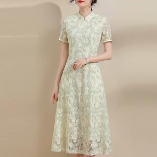 【FQ 時尚天后】典雅淡黃綠花朵鉤花旗袍洋裝(中大尺碼/M-4XL)