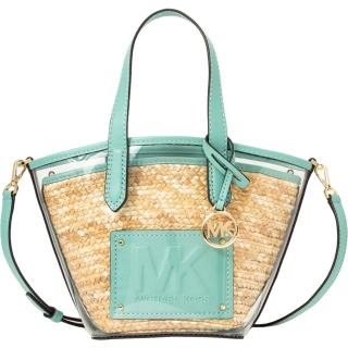 【Michael Kors】KIMBER泡沫藍綠大圓標LOGO草編小款手提斜背子母兩用包