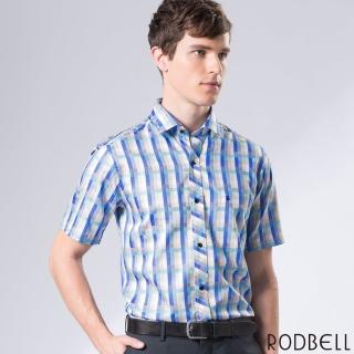 【RODBELL 羅德貝爾】藍黃格紋純棉短袖修身襯衫(舒適透氣、棉、修身襯衫)