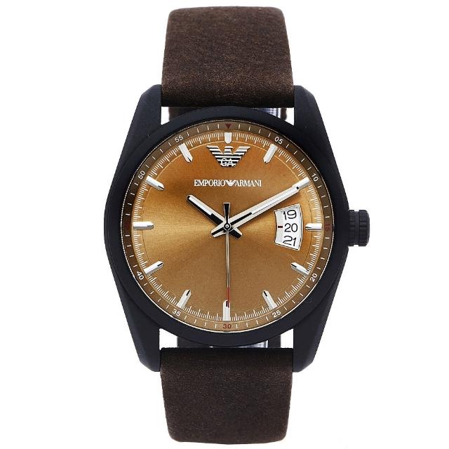 【EMPORIO ARMANI】Sportivo 知性時尚風日期顯示手錶-青古銅色面x咖啡色/42mm(AR6081)