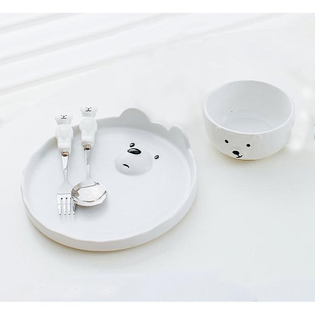 【野思】4件組 日式立體浮雕大白熊系列 / 貪吃盤 飯碗 湯匙 叉子(霧面釉陶瓷)