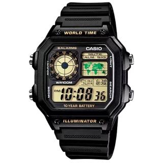 【CASIO 卡西歐】CASIO 卡西歐多時區鬧鈴電子鋼帶錶-黑(AE-1200WH-1B)