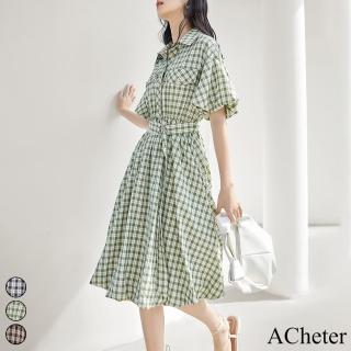 【ACheter】復古法式格紋連身裙收腰顯瘦別致泡泡短袖中長版洋裝#117063(3色)