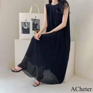 【ACheter】春夏風琴壓褶雪紡顯瘦氣質遮肉連身長裙背心圓領無袖長版寬鬆洋裝#117031(黑)