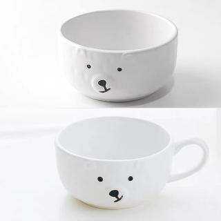 【野思】2入組 日式立體浮雕大白熊系列 / 小杯杯X1 飯碗X1(霧面釉陶瓷)