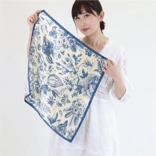 【BANNIES】法式蠶絲方巾｜青花瓷花朵－藍(親膚 蠶絲 領巾 絲巾)