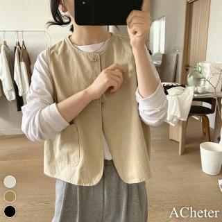 【ACheter】森女純色文藝寬鬆顯瘦圓領棉質無袖背心外罩上衣#117072(3色)