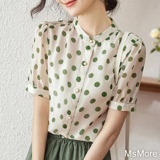 【MsMore】綠紗波點短袖襯衫法式泡泡短袖上衣夏款立領寬鬆短版#117331(綠)