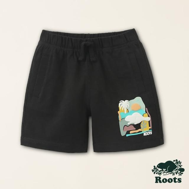 【Roots】Roots小童-海洋生活家系列 抽象海狸有機竹節棉五分短褲(黑色)