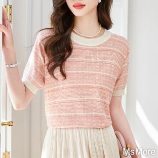 【MsMore】圓領條紋冰絲針織短袖減齡透氣短版上衣#117313(粉紅)