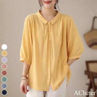【ACheter】襯衫七分袖上衣暗格時尚薄款洋氣純色棉麻寬鬆短版襯衫#117372(8色)