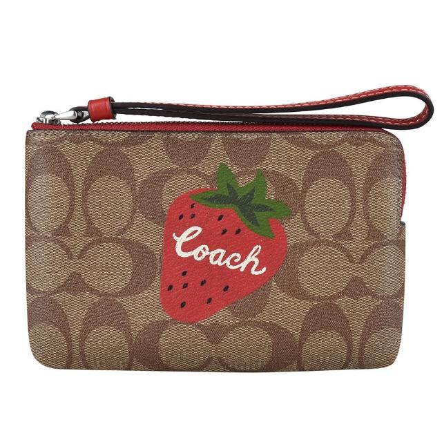 【COACH】經典PVC印花草莓圖騰LOGO拉鏈手拿包(卡其x紅)