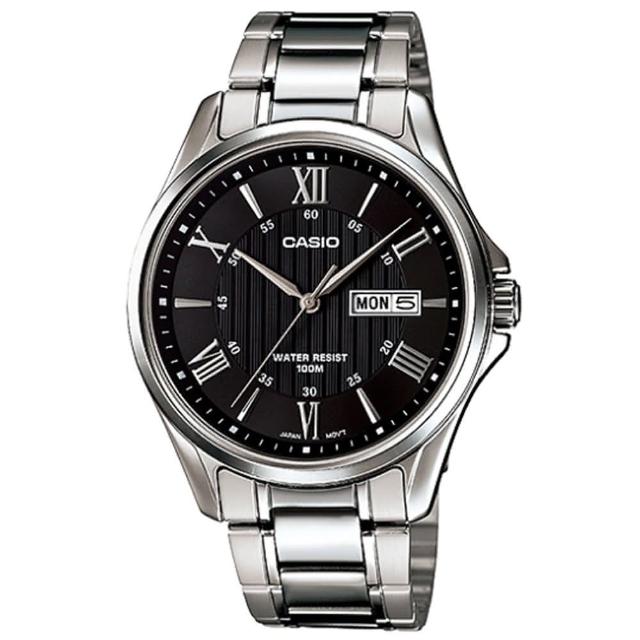 【CASIO 卡西歐】紳士簡約不鏽鋼腕錶/銀x黑面 羅馬數字款(MTP-1384D-1A)