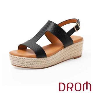 【DROM】坡跟涼鞋 厚底涼鞋/歐美復古時尚工字皮紋草編坡跟厚底涼鞋(黑)