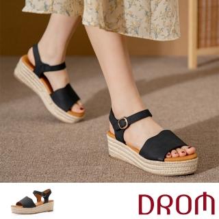 【DROM】坡跟涼鞋 厚底涼鞋/時尚歐美簡約設計草編厚底坡跟涼鞋(黑)