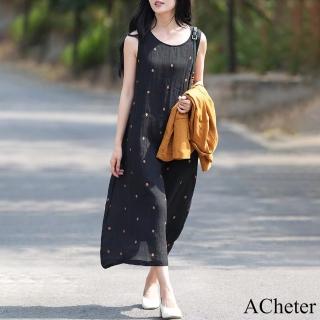 【ACheter】棉麻黑色波點背心長裙寬鬆文藝通勤百搭連身裙氣質背心洋裝#117373(黑)