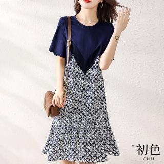 【初色】清涼感假兩件印花撞色雪紡短袖中長連衣裙洋裝-藍色-68201(M-XL可選)