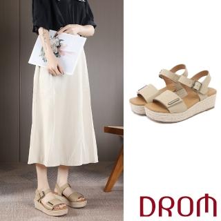 【DROM】厚底涼鞋 坡跟涼鞋/復古歐美時尚經典設計草編坡跟厚底涼鞋(杏)