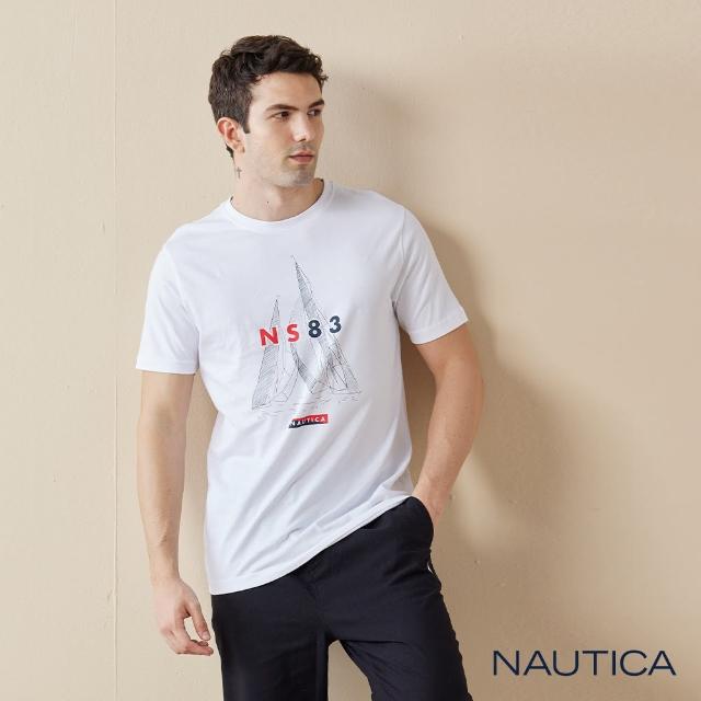 【NAUTICA】男裝 手繪風格帆船LOGO短袖T恤(白色)