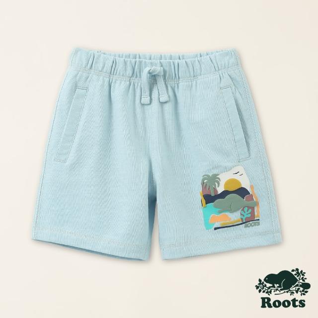 【Roots】Roots小童-海洋生活家系列 抽象海狸有機竹節棉五分短褲(淺藍色)
