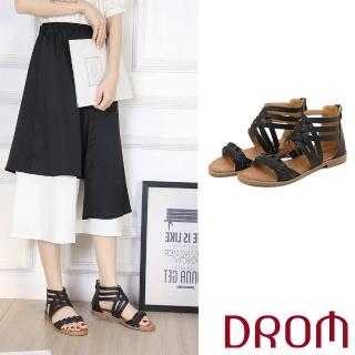 【DROM】低跟涼鞋 編織涼鞋/百搭復古編織歐美時尚低跟羅馬涼鞋(黑)