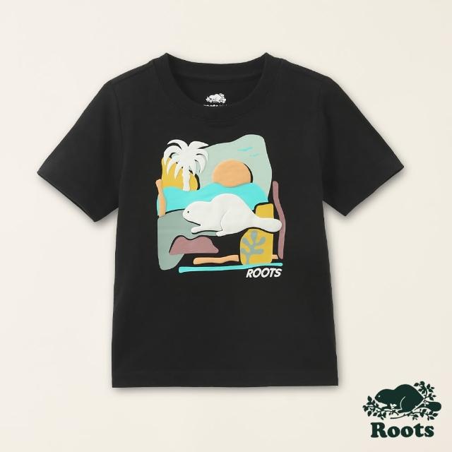 【Roots】Roots小童-海洋生活家系列 抽象海狸有機竹節棉短袖T恤(黑色)