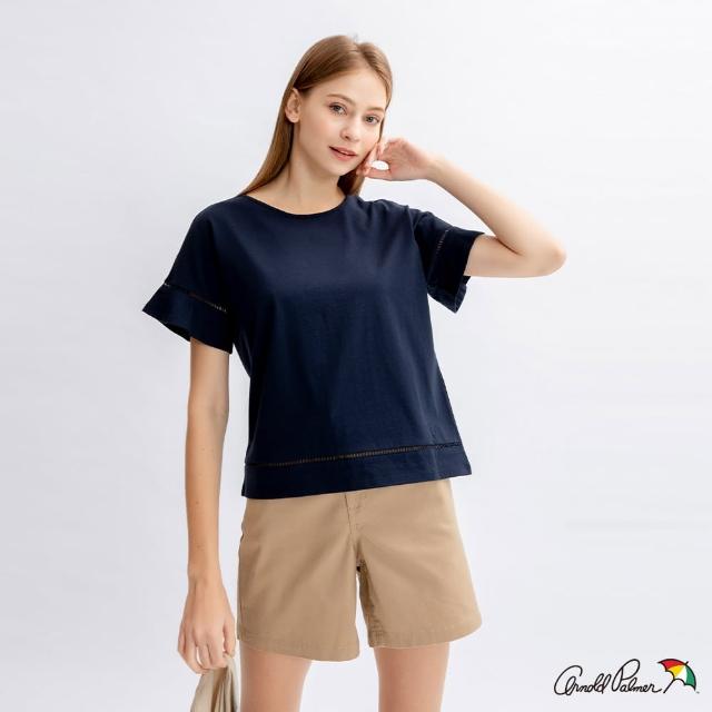 【Arnold Palmer 雨傘】女裝-純棉袖口蕾絲剪接寬鬆版T-Shirt(深藍色)