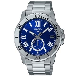 【CASIO 卡西歐】潮流時尚不鏽鋼腕錶/銀x藍面 羅馬數字款(MTP-VD200D-2B)