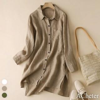 【ACheter】棉麻襯衫長袖寬鬆大碼中長版上衣#115696(3色)