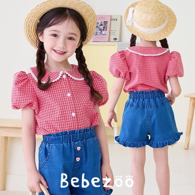 【BebeZoo】紅格子蕾絲娃娃領泡泡袖上衣(TM2304-253-BL106)