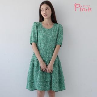 【PINK NEW GIRL】復古小清新滿版小花側綁帶蛋糕短袖洋裝 L5109RD