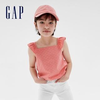 【GAP】女童裝 輕薄方領花邊袖無袖上衣-橙紅色(622658)