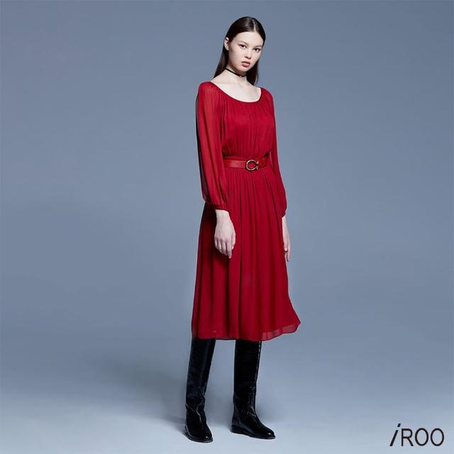 【iROO】紅色雪紡露肩長洋裝