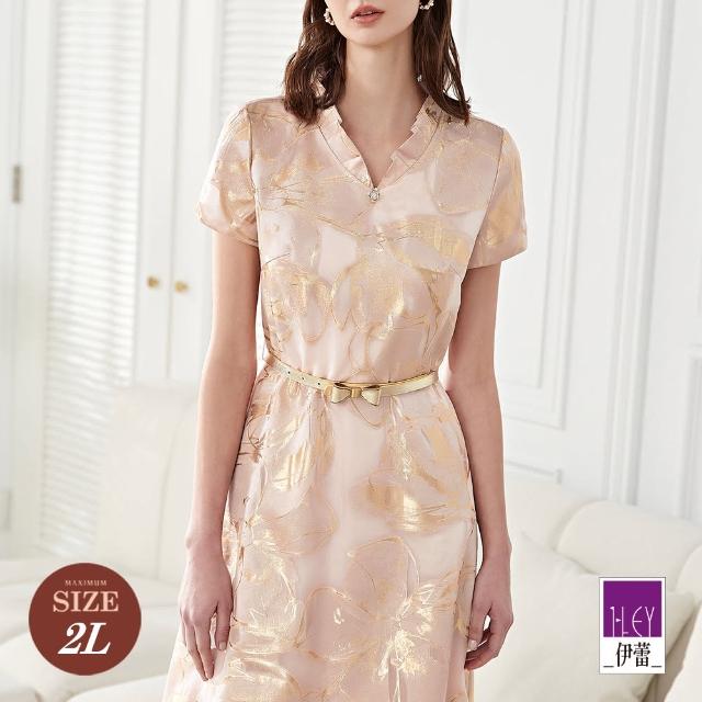 【ILEY 伊蕾】貴氣緹花金蔥織紋荷葉造型洋裝(粉色；M-2L；1231077122)