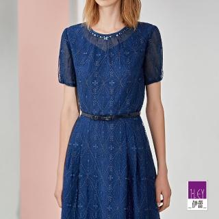 【ILEY 伊蕾】優雅高端網布刺繡長洋裝(深藍色；M-XL；1231017111)