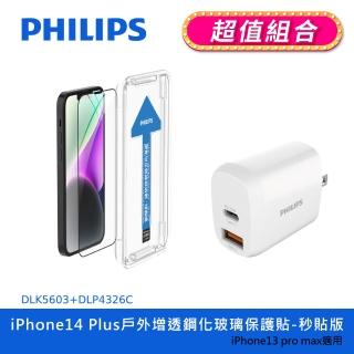 【Philips 飛利浦】iPhone 14 Plus 6.7吋 AR戶外增透9H鋼化玻璃保護秒貼 DLK5603(20W PD充電器組合)