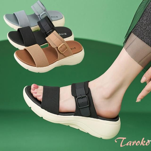 【Taroko】高雅一字彈性布夏季坡跟涼拖鞋(3色可選)