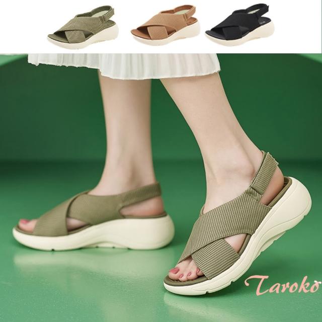【Taroko】時尚純色彈性布夏季坡跟涼鞋(3色可選)