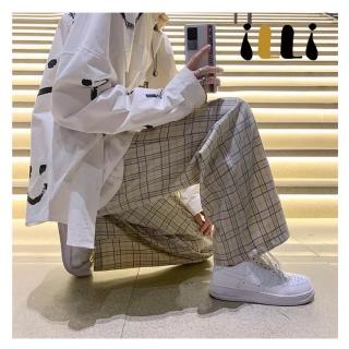 【illi】韓國製造 慵懶超長棉質雪紡長褲 復古格紋腰鬆緊帶西裝褲 休閒褲