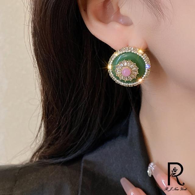 【RJ New York】夢幻閃耀花朵圓形貼耳耳環(綠色)