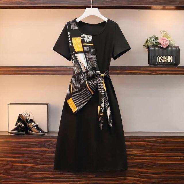 【JILLI-KO】不對稱拼接設計絲巾繫帶連衣裙-F(黑)