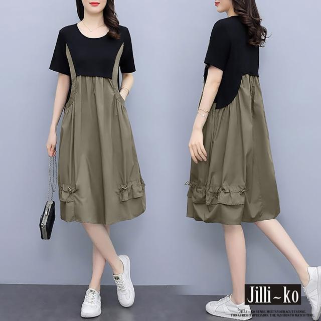 【JILLI-KO】假兩件背帶口袋工裝風連衣裙-F(淺咖綠)
