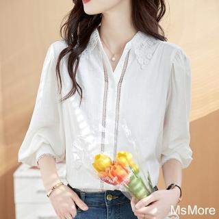 【MsMore】白色襯衫法式洋氣寬鬆別緻襯衣蕾絲領長袖短版上衣#115793(白色)