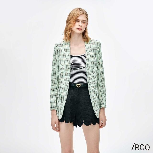 【iROO】綠色交織駝色格紋西裝外套