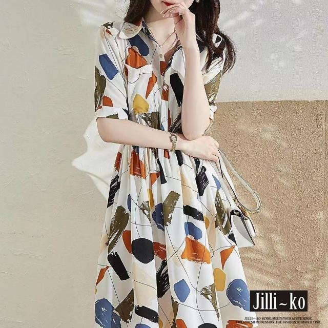 【JILLI-KO】復古塗鴉風彩色印花縮腰連衣裙-F(圖片色)