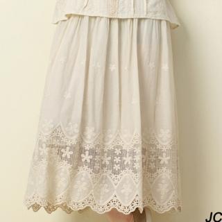 【JC Collection】日系甜美棉麻柔軟鏤空刺繡蕾絲純色寬鬆中長裙(白色、杏色)