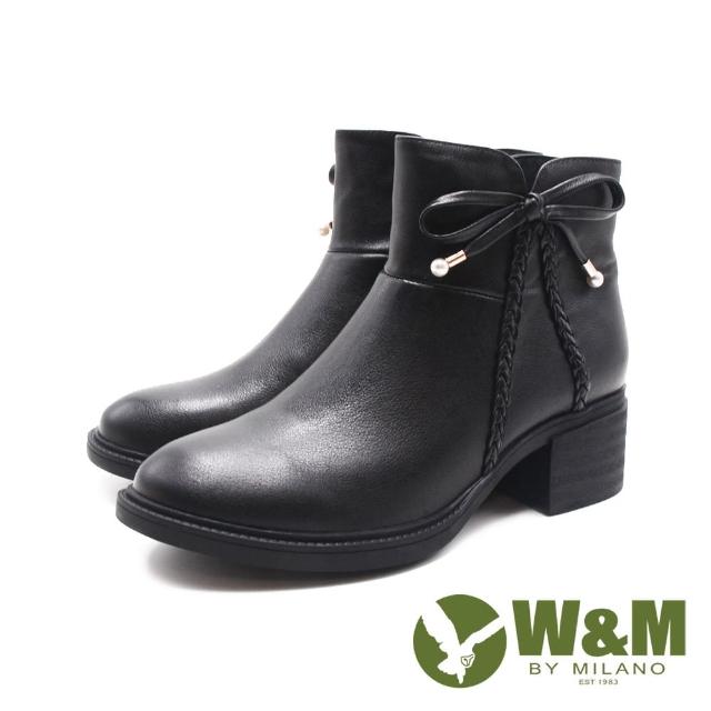 【W&M】女 日系氣質編織切口低跟女靴 女鞋(黑色)